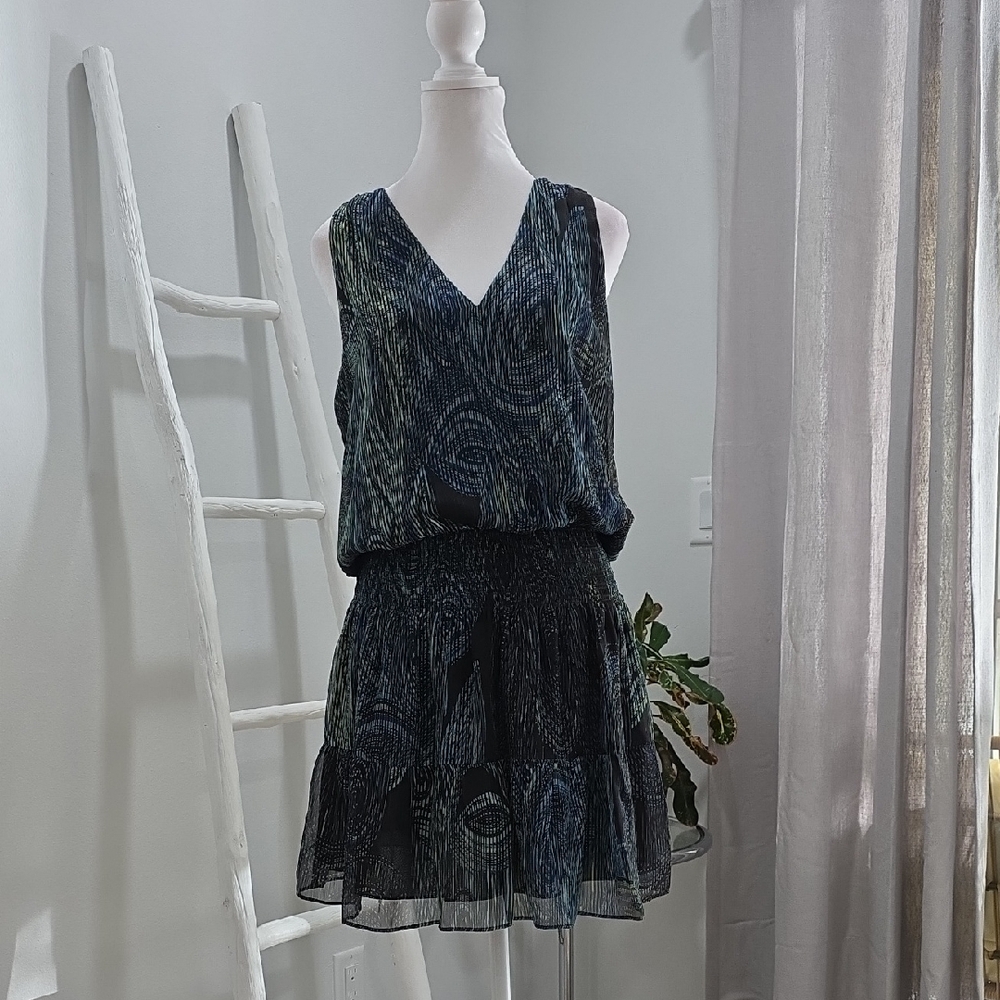 Ramy Brook Elegant Smocked Black and Blue Women's Dress Peacock Print